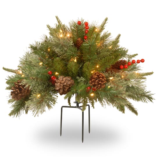 18&#x22; Pre-lit Feel Real&#xAE; Colonial Artificial Christmas Urn Filler with Cones, Red Berries &#x26; Tripod Stake &#x26; Warm White LED Lights